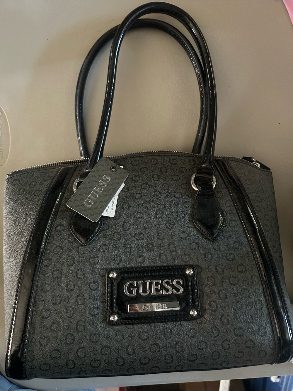 GUESS Proposal Coal Satchel with Black Trim